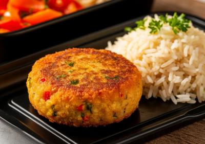 Котлета рыбная с болгарским перцем и морковью + рис