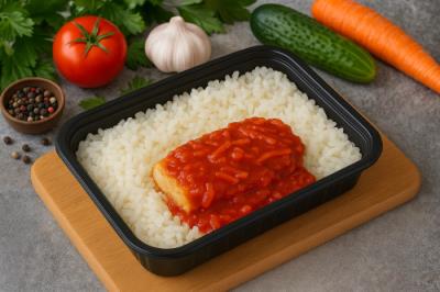 Рыба запеченная под соусом арабьята + рис