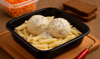 Комбо с фрикадельками из индейки под грибным соусом+макароны